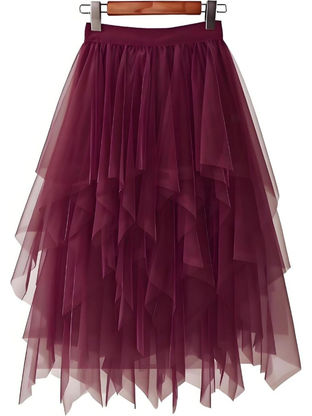 Women's Burgundy High Waist Layered Tulle Mesh Ruffle Asymmetric Hem Midi Skirt
